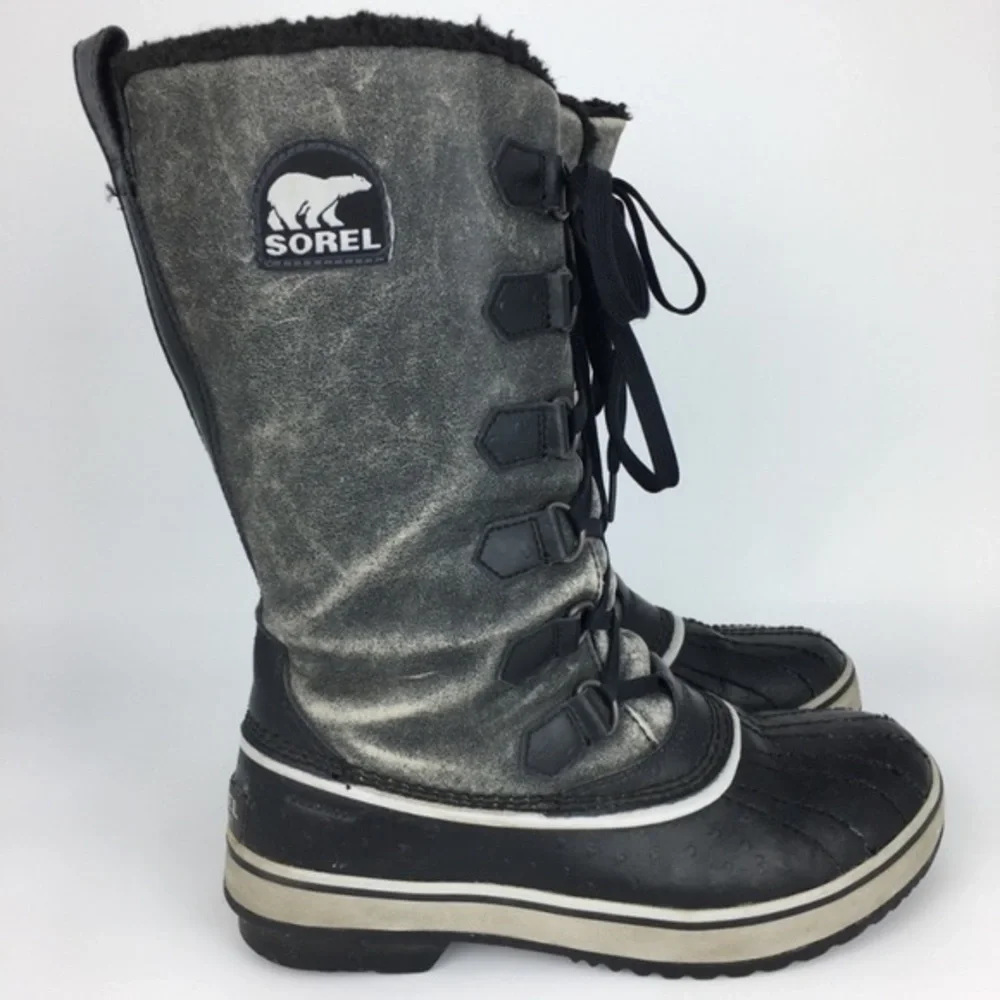 Sorel Tivoli Winter Snow Waterproof Boots Lace Up Distressed Grey Black Size 9.5